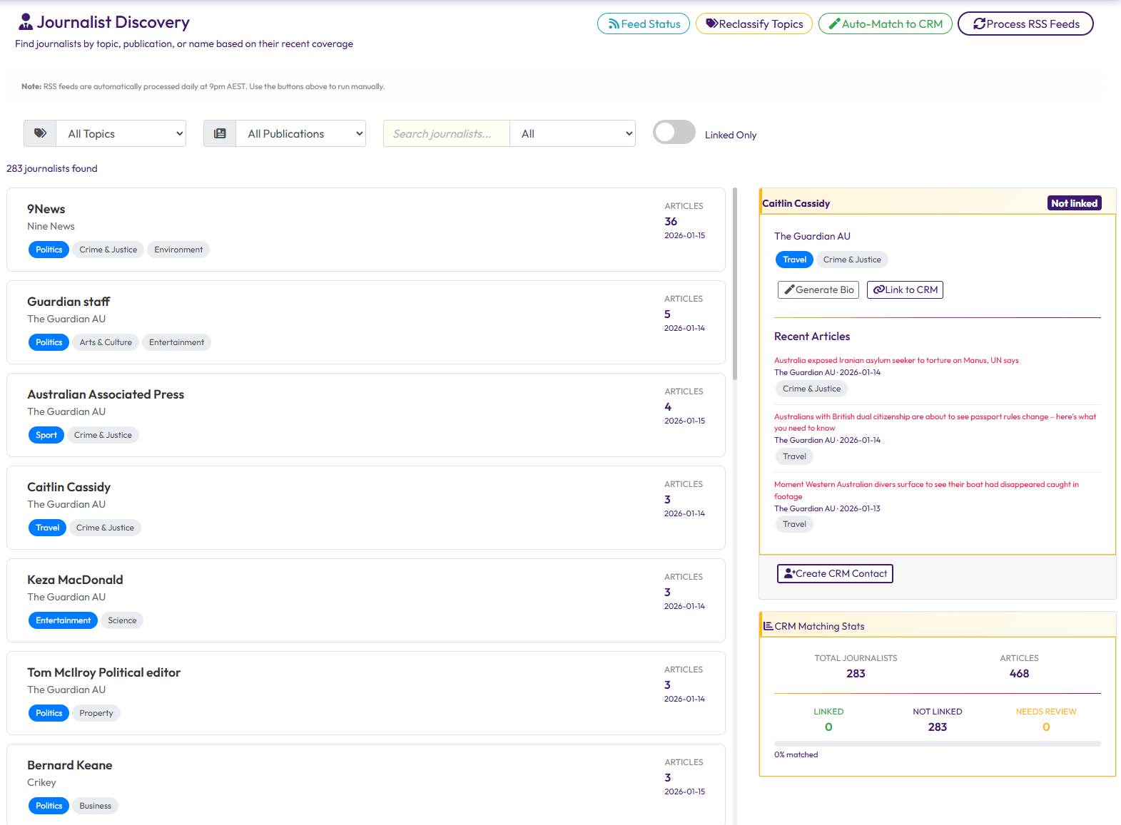 Journalist Discovery showing topic-based search, journalist profiles, and CRM matching