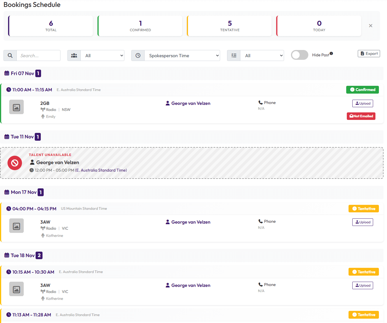 Interview bookings schedule showing confirmed interviews, spokesperson assignments, and status tracking